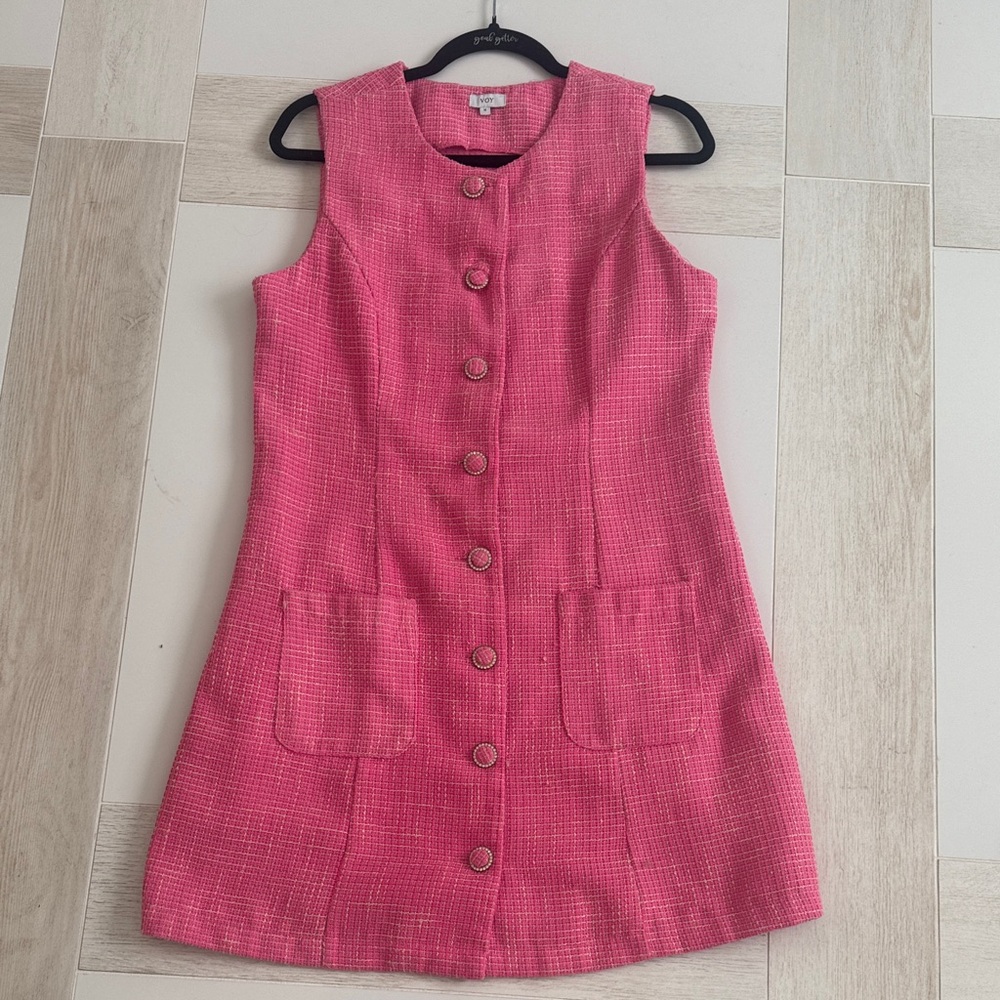 Voy Pink Tweed Button-Down Mini Dress with Pockets Women Size Medium - Picture 2 of 7
